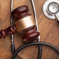 Stethoscope and gavel on courtroom table.