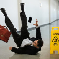Businessman falls on slippery floor