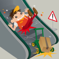 Cartoon character falls on a Escalator