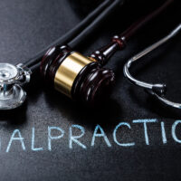malpractice caption on blackboard with stethoscope and gavel