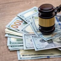 wooden gavel with usa dollar on desk. close up.