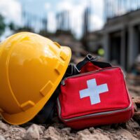 A scene at a construction site with a yellow hard hat and a red first-aid kit bearing a white cross, showcasing commitment to worker safety and emergency response. A scene at a construction site with a yellow hard hat and a red first-aid kit bearing a white cross, showcasing commitment to worker safety and emergency response.