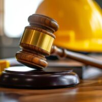 A wooden gavel and sound block on a polished desk with a yellow safety helmet and measure tape in background A wooden gavel and sound block on a polished desk with a yellow safety helmet and measure tape in background