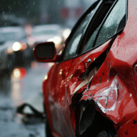 Damaged red car in an accident Damaged red car in an accident
