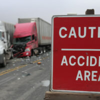 Cargo truck accident on highway with warning sign Accident area