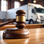 A wooden gavel rests prominently on a courtroom bench, with a large white truck visible in the background. The scene evokes a sense of legal deliberation.