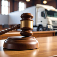 A wooden gavel rests prominently on a courtroom bench, with a large white truck visible in the background. The scene evokes a sense of legal deliberation. A wooden gavel rests prominently on a courtroom bench, with a large white truck visible in the background. The scene evokes a sense of legal deliberation.