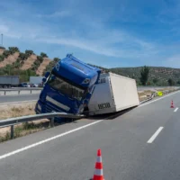 A blue truck is overturned on a highway guardrail under a clear sky. Traffic cones are placed on the road, and distant vehicles are visible.