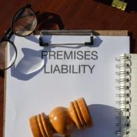 A clipboard with a paper titled "Premises Liability" sits on a wooden desk with glasses, a judge's gavel, a notebook, and a pen, conveying a legal theme.