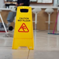 Yellow "Caution Wet Floor" sign on a tiled floor with three people mopping in the background. The scene conveys cleanliness and safety.