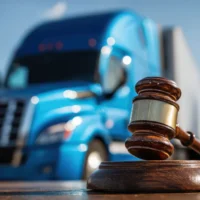 Close-Up View of a Gavel on a Table with a Blue Truck in the Background, Emphasizing Justice and Transportation Industry Themes