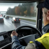 A truck driver navigating a busy highway in rainy weather conditions. A truck driver navigating a busy highway in rainy weather conditions.