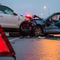 Damaged cars with warning triangle on wet road after traffic accident at dusk outside city transparent background Damaged cars with warning triangle on wet road after traffic accident at dusk outside city transparent background