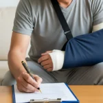 Man with broken arm signs paperwork for insurance claim