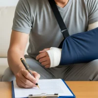 Man with broken arm signs paperwork for insurance claim Man with broken arm signs paperwork for insurance claim