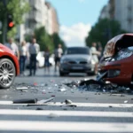 A daytime car accident scene with two small vehicles collided at a crosswalk, airbags deployed, and bystanders watching with concern as the drivers exit their damaged cars